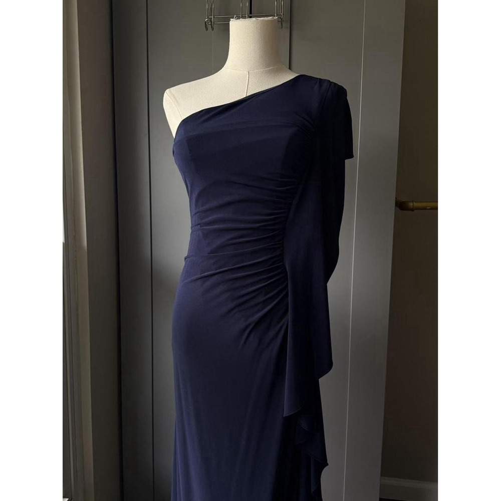 Allen Schwartz Women's One Shoulder Maxi Dress XS Navy Ruffle Formal